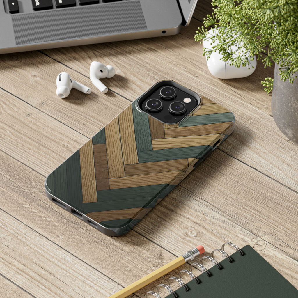 Wood Herringbone Tough Phone Case — Protective Matte Phone Cover with Natural Wood Pattern