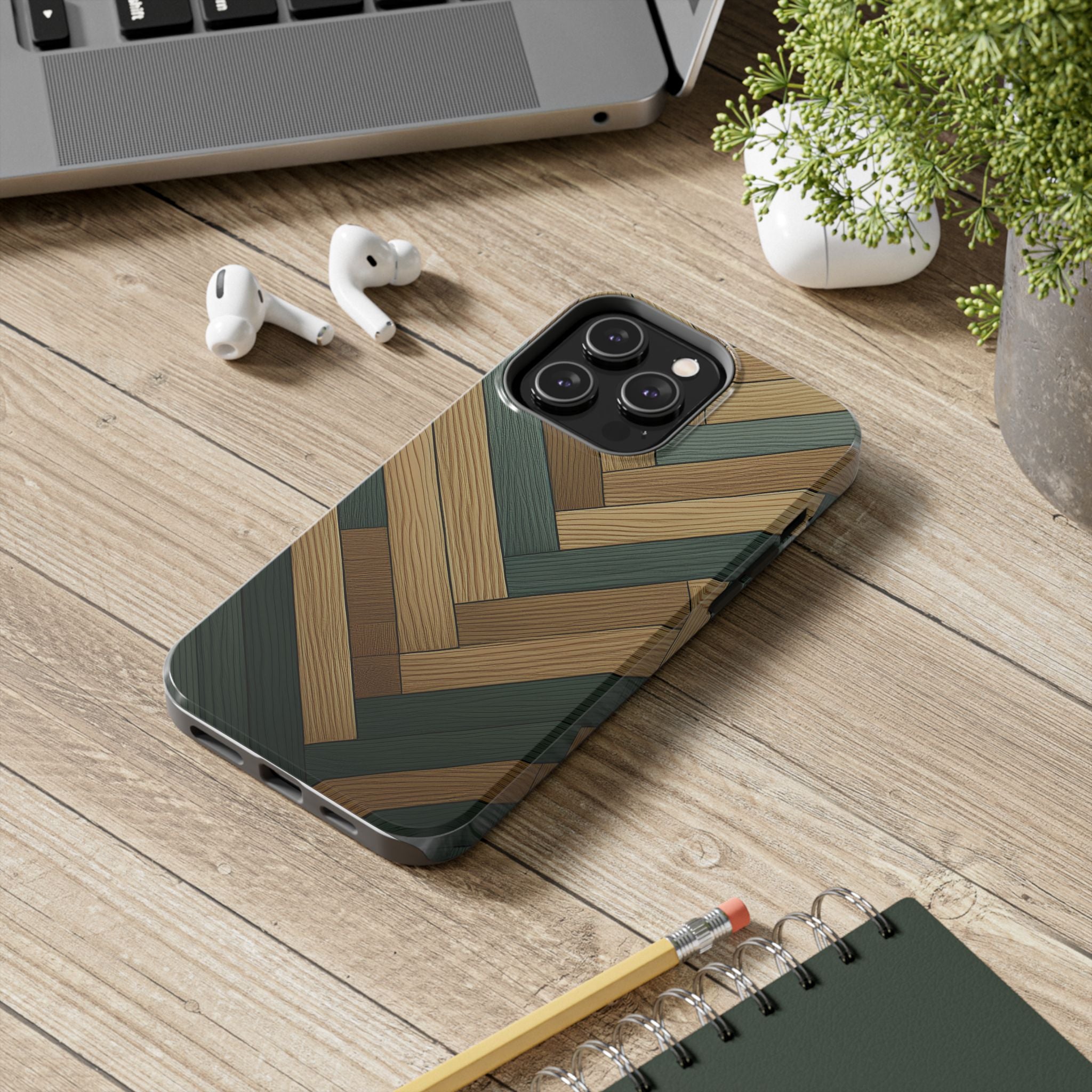 Wood Herringbone Tough Phone Case — Protective Matte Phone Cover with Natural Wood Pattern